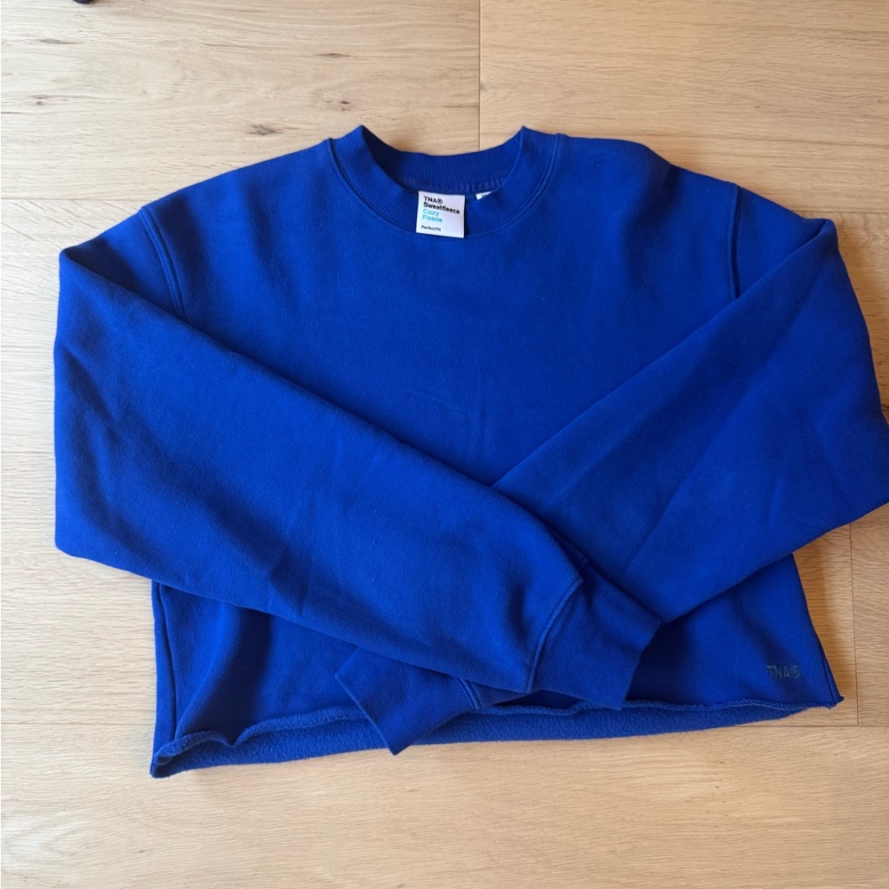 TNA Cozy Fleece Cropped Royal Blue Crewneck Sweater